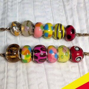 Twelve Brightly coloured, Murano Glass Beads, Fits Pandora